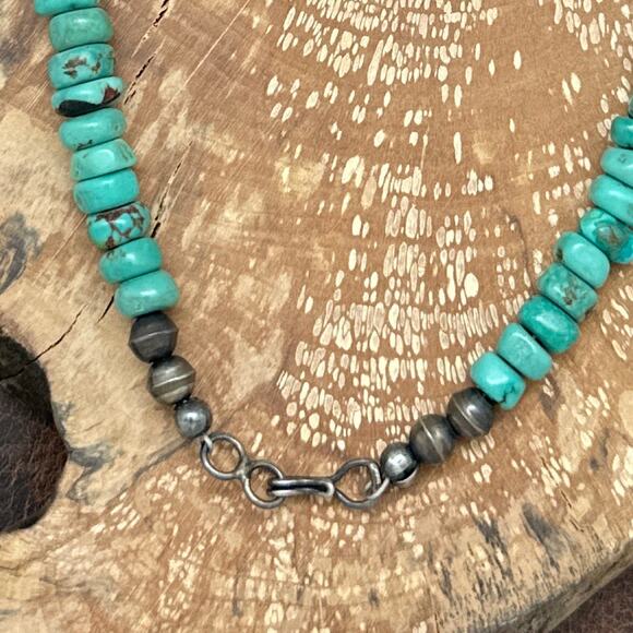 NATIVE AMERICAN Sterling Silver & Hubei Turquoise Beaded Necklace 24.75" - Picture 3 of 4